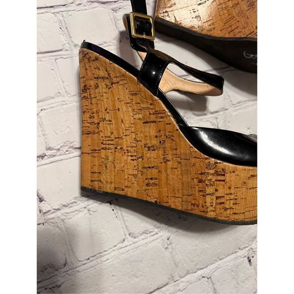 Idore Womens Size 7 Cork Wedge Platform Sandal Black Glossy Leather Summer Night - Picture 8 of 12